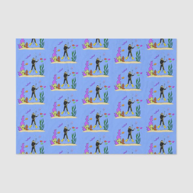 Funny scuba diver and fish sea creatures cartoon tissue paper (Front)