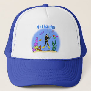 Funny scuba diver and fish sea creatures cartoon trucker hat