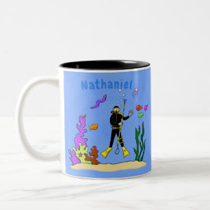 Funny scuba diver and fish sea creatures cartoon Two-Tone coffee mug