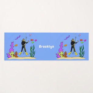 Funny scuba diver and fish sea creatures cartoon yoga mat