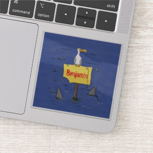 Funny sea bird circled by sharks cartoon