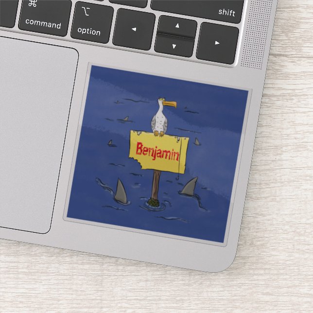 Funny sea bird circled by sharks cartoon (Detail)