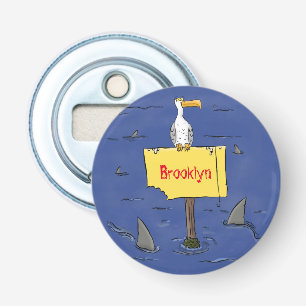 Funny sea bird circled by sharks cartoon bottle opener