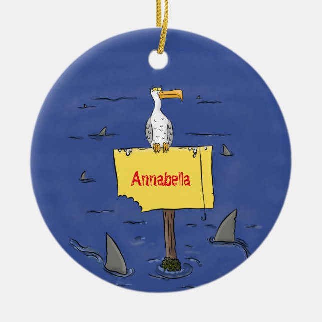 Funny sea bird circled by sharks cartoon ceramic ornament (Front)