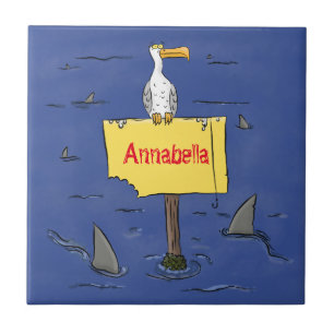 Funny sea bird circled by sharks cartoon ceramic tile