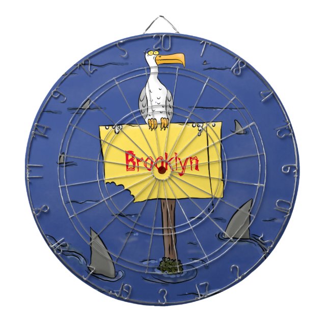 Funny sea bird circled by sharks cartoon dartboard (Front)