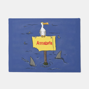 Funny sea bird circled by sharks cartoon doormat