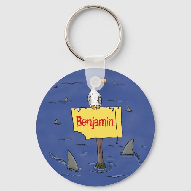 Funny sea bird circled by sharks cartoon key ring (Front)