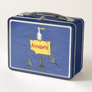 Funny sea bird circled by sharks cartoon metal lunch box