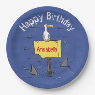 Funny sea bird circled by sharks cartoon paper plate