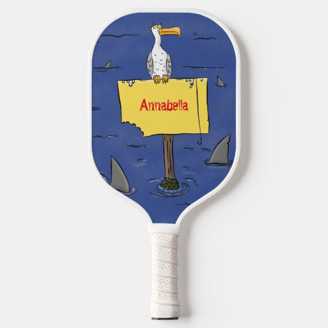 Funny sea bird circled by sharks cartoon pickleball paddle (Front)