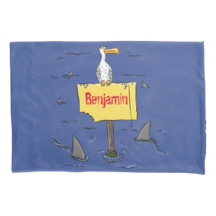 Funny sea bird circled by sharks cartoon pillowcase