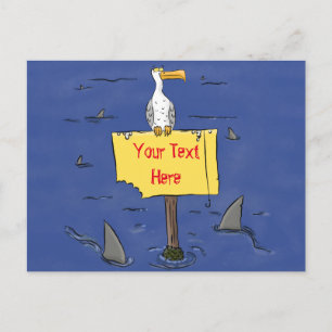 Funny sea bird circled by sharks cartoon postcard
