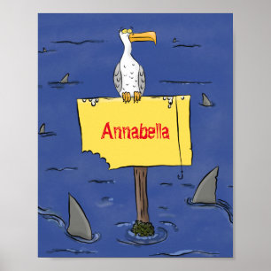 Funny sea bird circled by sharks cartoon poster