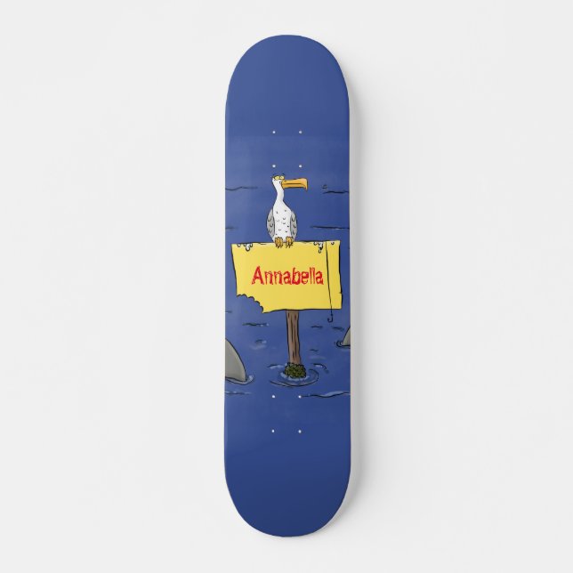 Funny sea bird circled by sharks cartoon skateboard (Front)