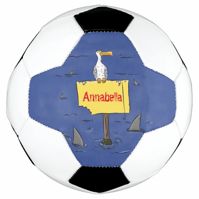 Funny sea bird circled by sharks cartoon soccer ball (Front)