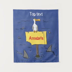 Funny sea bird circled by sharks cartoon tapestry
