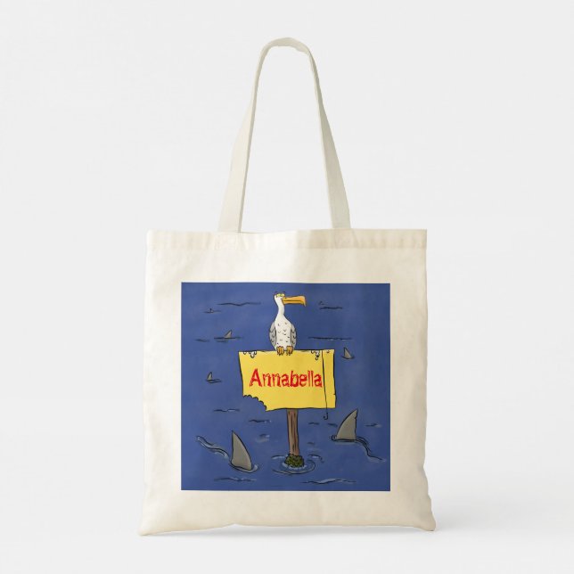 Funny sea bird circled by sharks cartoon tote bag (Back)