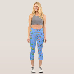 Funny sea creatures cartoon illustration capri leggings