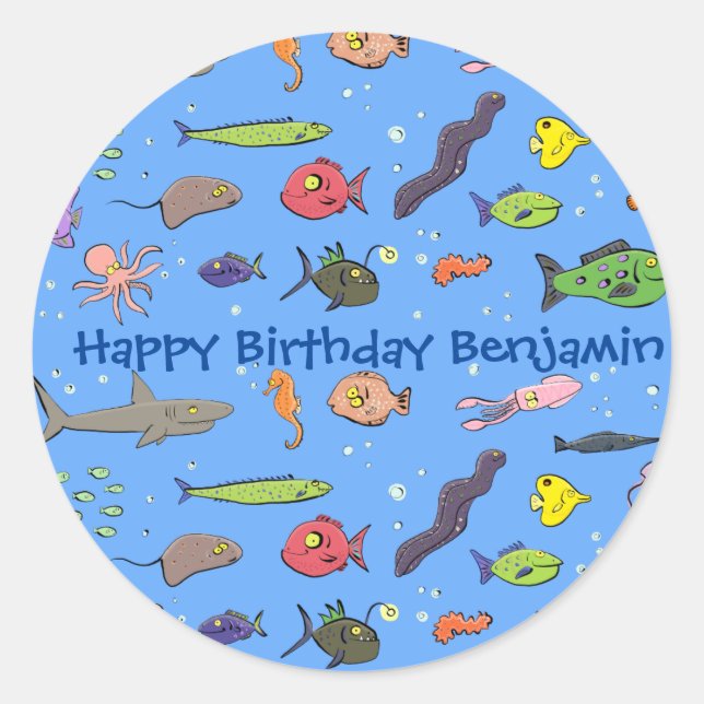 Funny sea creatures cartoon illustration classic round sticker (Front)