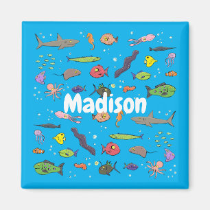 Funny sea creatures cartoon illustration magnet