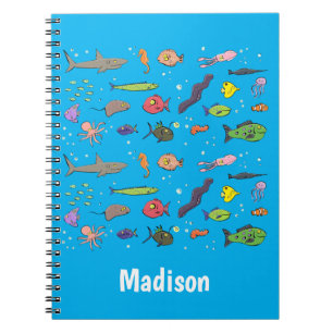 Funny sea creatures cartoon illustration notebook