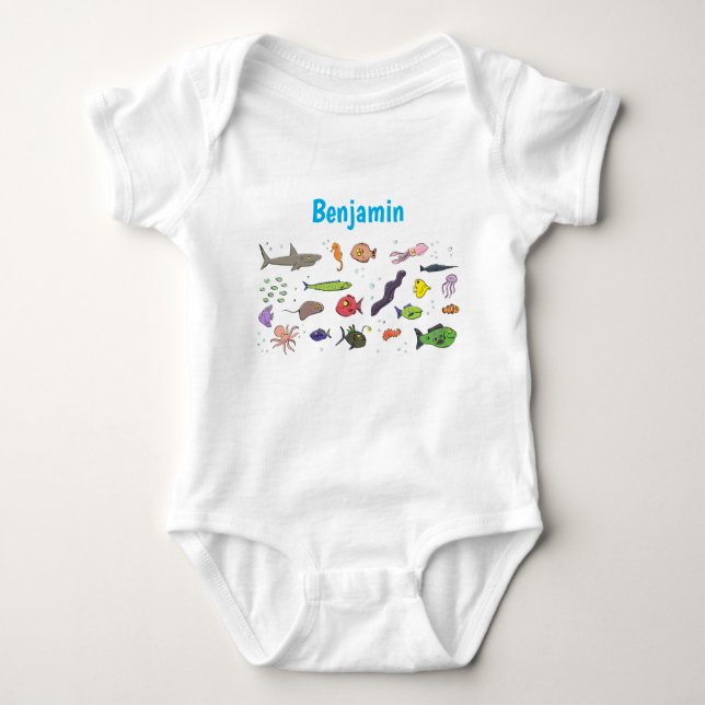 Funny sea creatures cartoon illustration pattern baby bodysuit (Front)