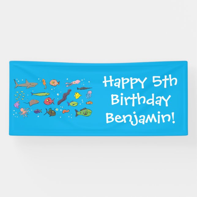 Funny sea creatures cartoon illustration pattern banner (Horizontal)