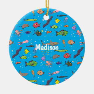 Funny sea creatures cartoon illustration pattern ceramic ornament