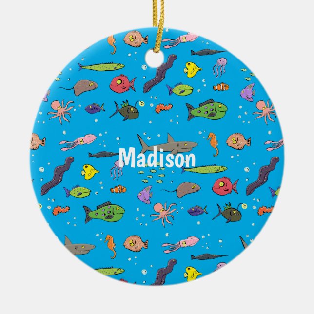 Funny sea creatures cartoon illustration pattern ceramic ornament (Front)
