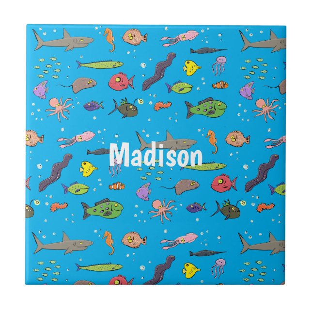 Funny sea creatures cartoon illustration pattern ceramic tile (Front)