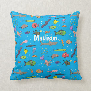 Funny sea creatures cartoon illustration pattern cushion
