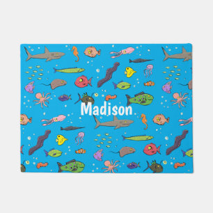 Funny sea creatures cartoon illustration pattern doormat