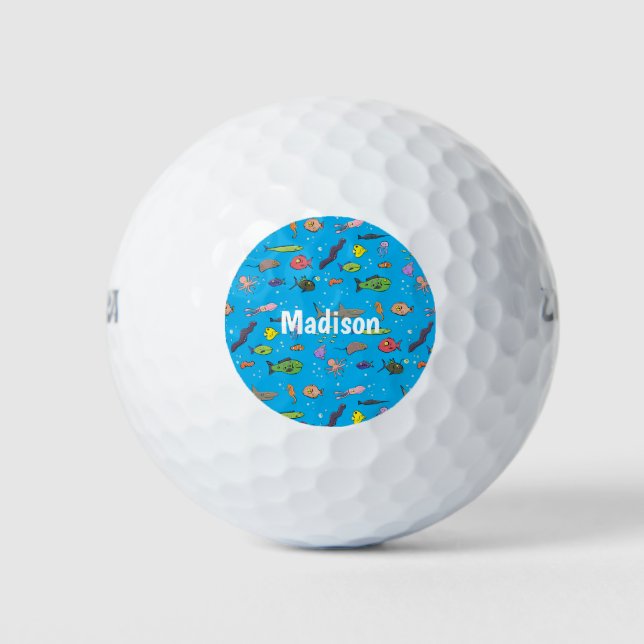 Funny sea creatures cartoon illustration pattern golf balls (Front)