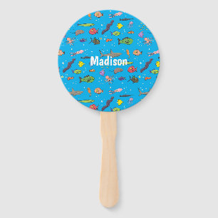 Funny sea creatures cartoon illustration pattern hand fan