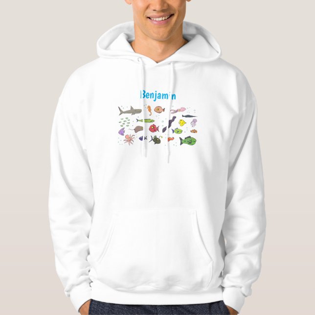 Funny sea creatures cartoon illustration pattern hoodie (Front)