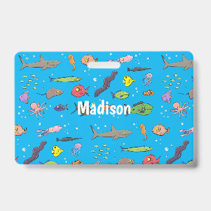 Funny sea creatures cartoon illustration pattern ID badge