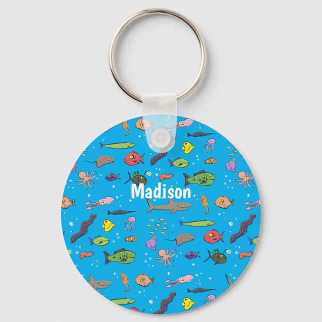 Funny sea creatures cartoon illustration pattern key ring (Front)