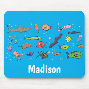 Funny sea creatures cartoon illustration pattern mouse pad