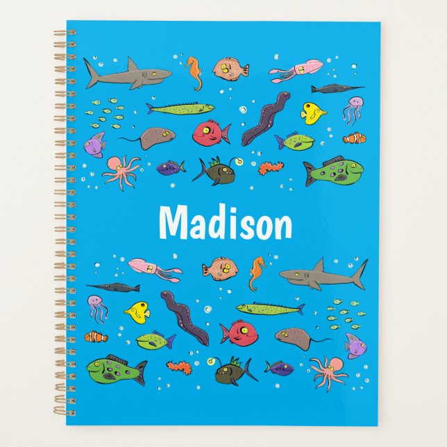 Funny sea creatures cartoon illustration pattern planner (Front)