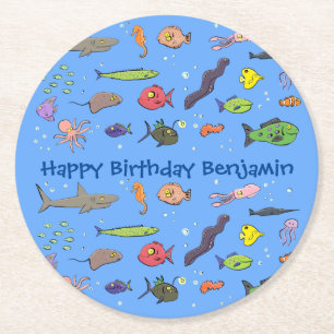 Funny sea creatures cartoon illustration pattern round paper coaster
