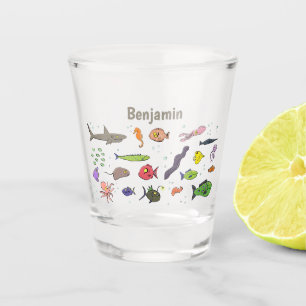 Funny sea creatures cartoon illustration pattern shot glass