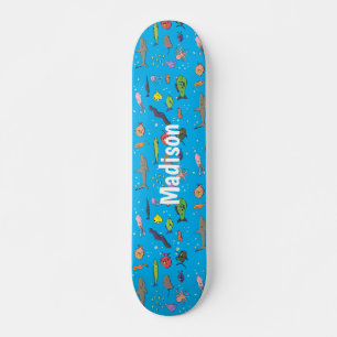 Funny sea creatures cartoon illustration pattern skateboard