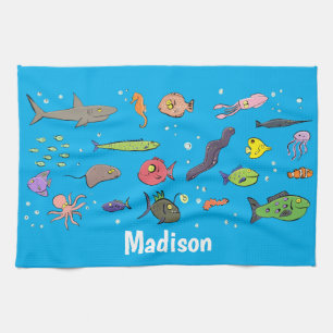 Funny sea creatures cartoon illustration pattern tea towel