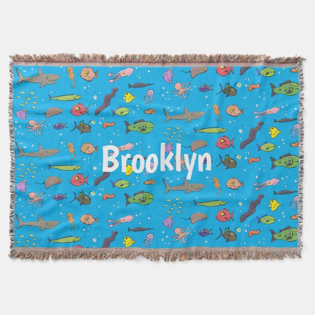 Funny sea creatures cartoon illustration pattern throw blanket (Front)