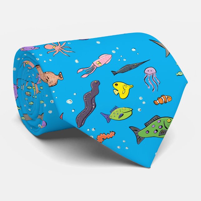 Funny sea creatures cartoon illustration pattern tie (Rolled)