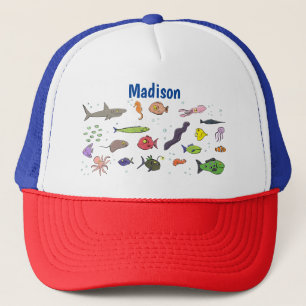 Funny sea creatures cartoon illustration pattern trucker hat