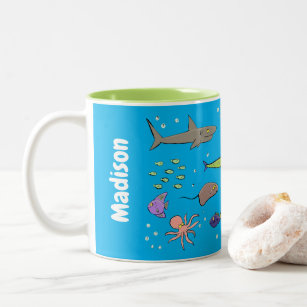 Funny sea creatures cartoon illustration pattern Two-Tone coffee mug