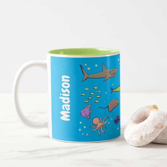 Funny sea creatures cartoon illustration pattern Two-Tone coffee mug (With Donut)