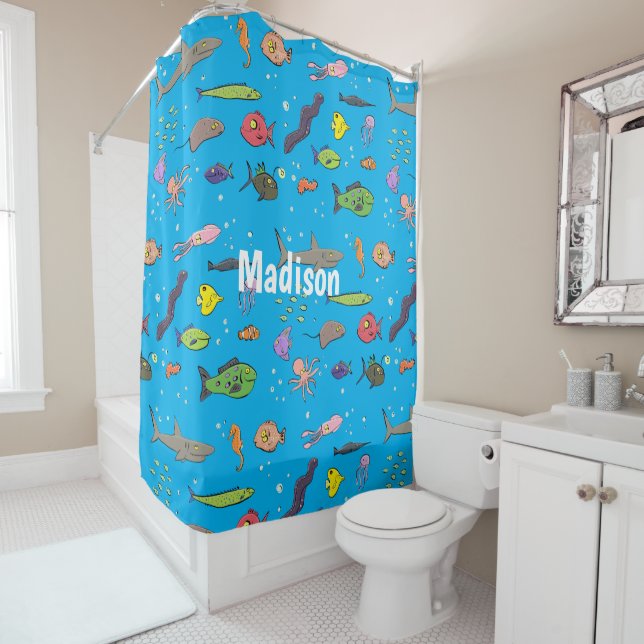 Funny sea creatures cartoon illustration shower curtain (In Situ)